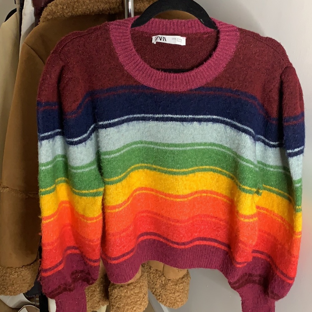 Zara Rainbow Semicropped Puff Sleeve Sweater